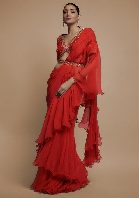 Bright Red Hand Work Embroidered Pre Draped Saree Set
