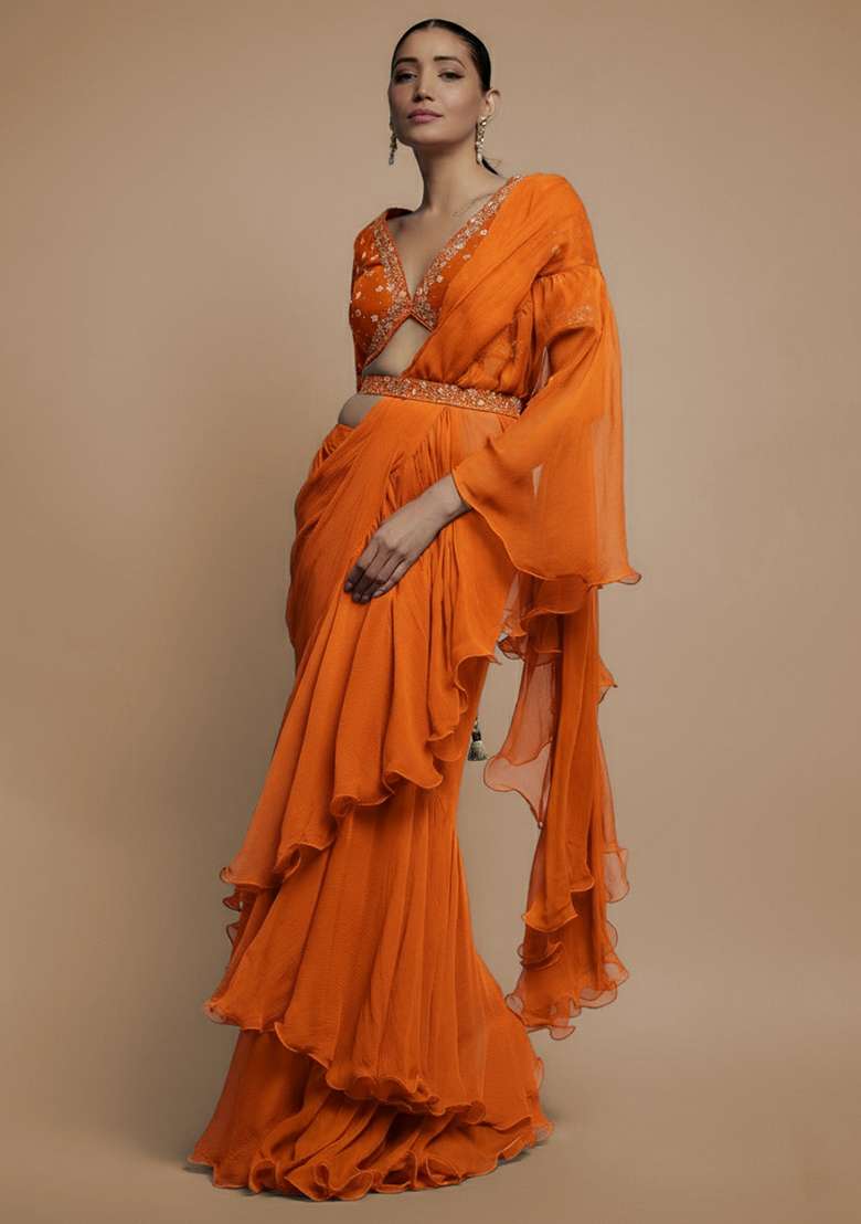 Bright Orange Hand Work Embroidered Pre Draped Saree Set - Indya