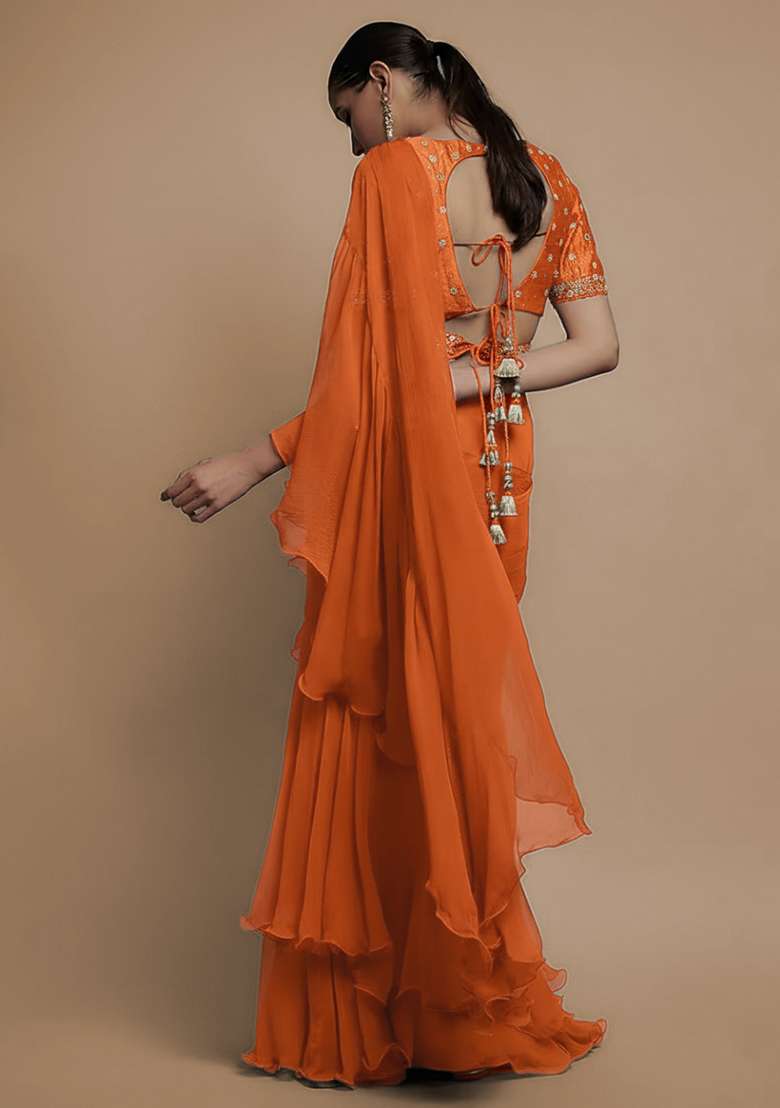 Bright Orange Hand Work Embroidered Pre Draped Saree Set - Indya