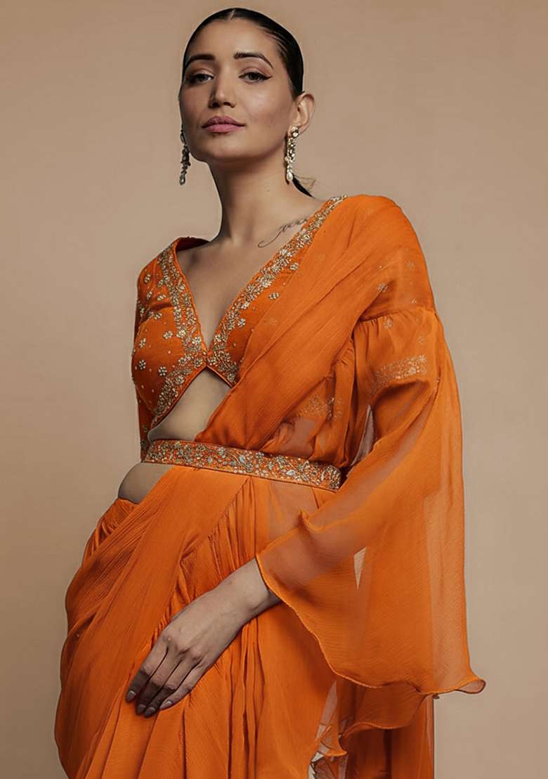 Bright Orange Hand Work Embroidered Pre Draped Saree Set - Indya