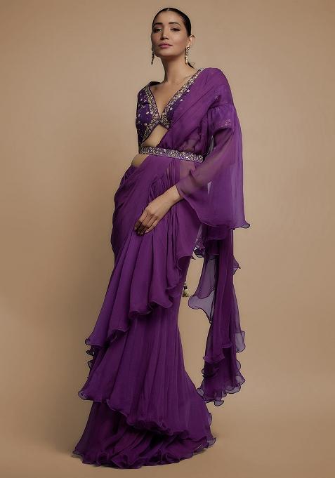Plum Hand Work Embroidered Pre Draped Saree Set