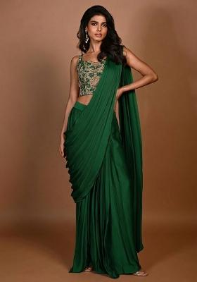 Green Hand Work Embroidered Pre Draped Saree Set