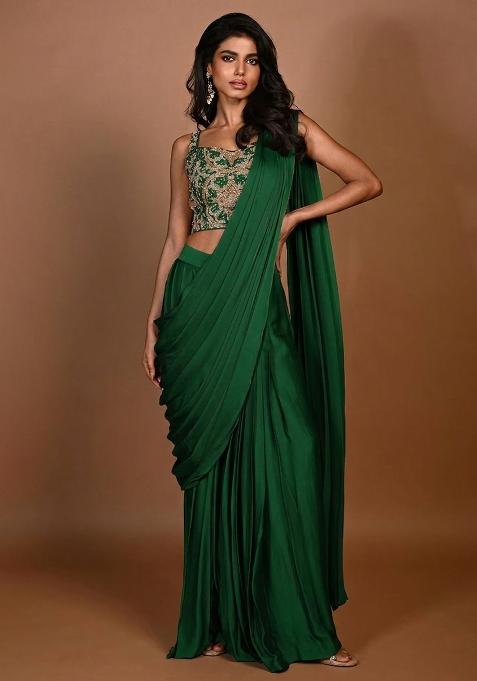 Green Hand Work Embroidered Pre Draped Saree Set