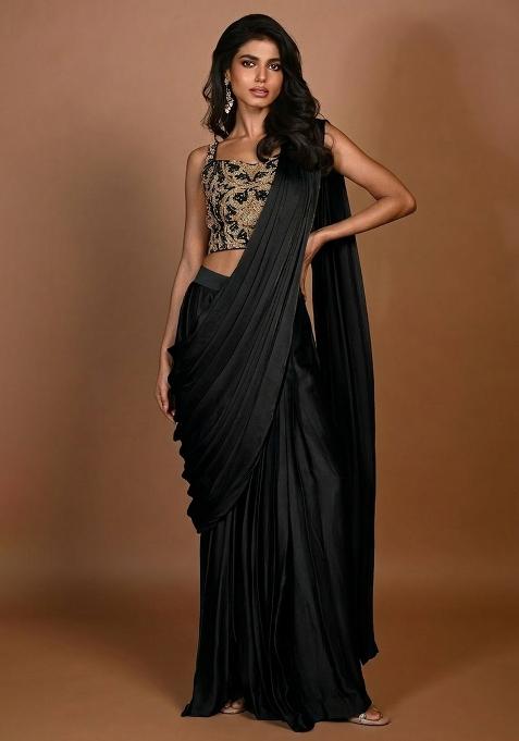 Black Hand Work Embroidered Pre Draped Saree Set