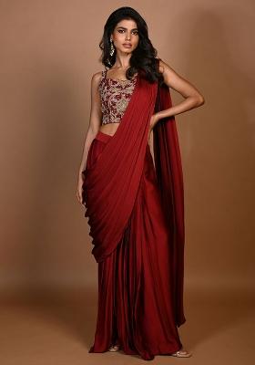 Deep Red Hand Work Embroidered Pre Draped Saree Set
