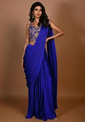 Blue Hand Work Embroidered Pre Draped Saree Set
