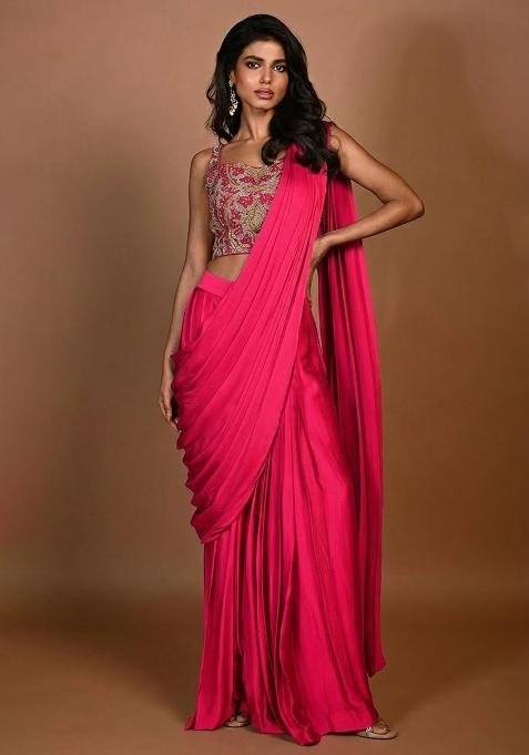 Hot Pink Hand Work Embroidered Pre Draped Saree Set