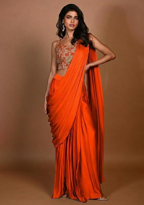 Bright Orange Hand Work Embroidered Pre Draped Saree Set