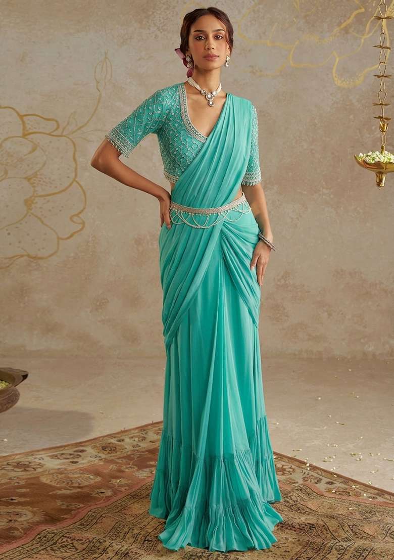 Aqua Green Hand Work Embellished Pre Draped Saree Set - Indya
