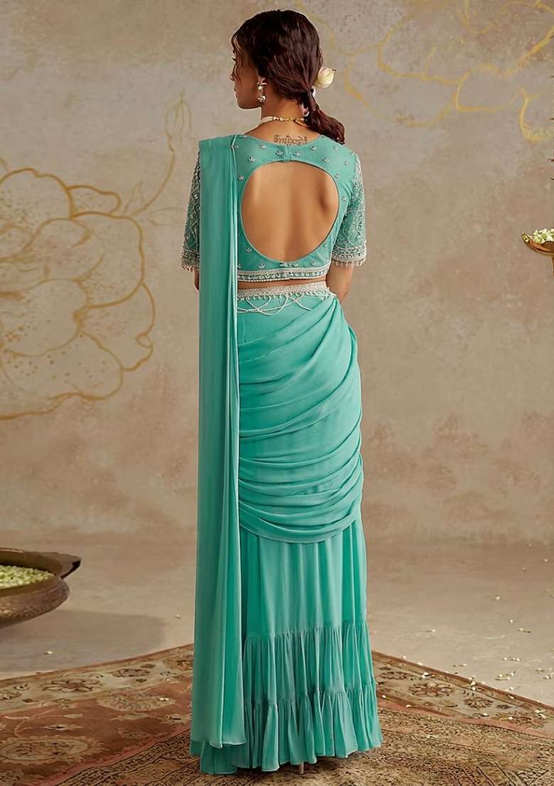 Aqua Green Hand Work Embellished Pre Draped Saree Set - Indya
