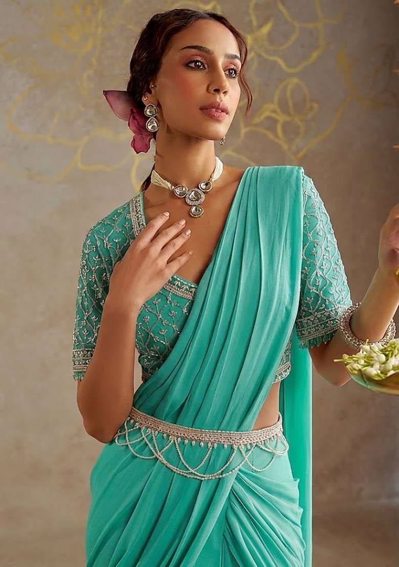Aqua Green Hand Work Embellished Pre Draped Saree Set - Indya