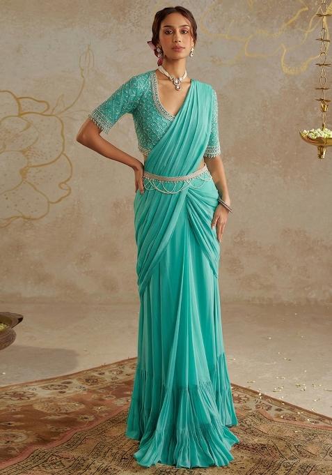 Aqua Green Hand Work Embellished Pre Draped Saree Set