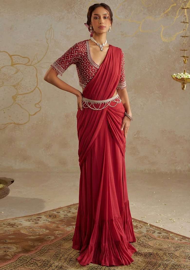 Cherry Red Hand Work Embellished Pre Draped Saree Set - Indya
