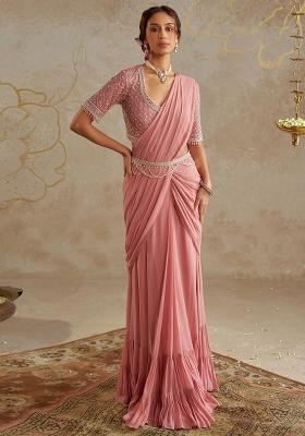 Blush Pink Hand Work Embellished Pre Draped Saree Set
