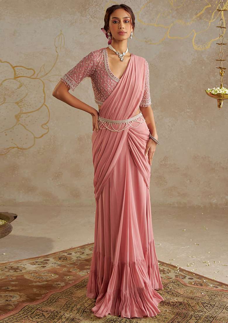 Blush Pink Hand Work Embellished Pre Draped Saree Set - Indya