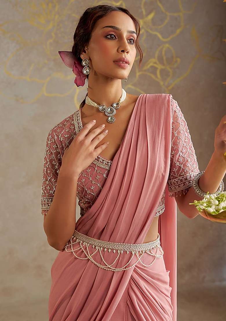 Blush Pink Hand Work Embellished Pre Draped Saree Set - Indya