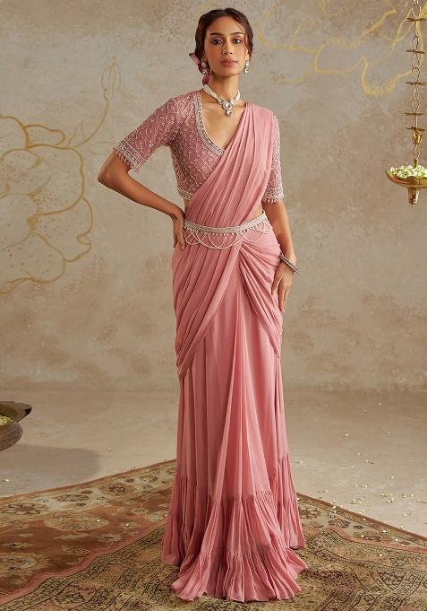 Blush Pink Hand Work Embellished Pre Draped Saree Set