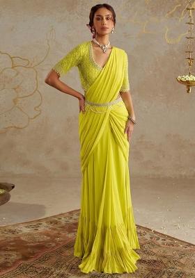Lime Green Hand Work Embellished Pre Draped Saree Set