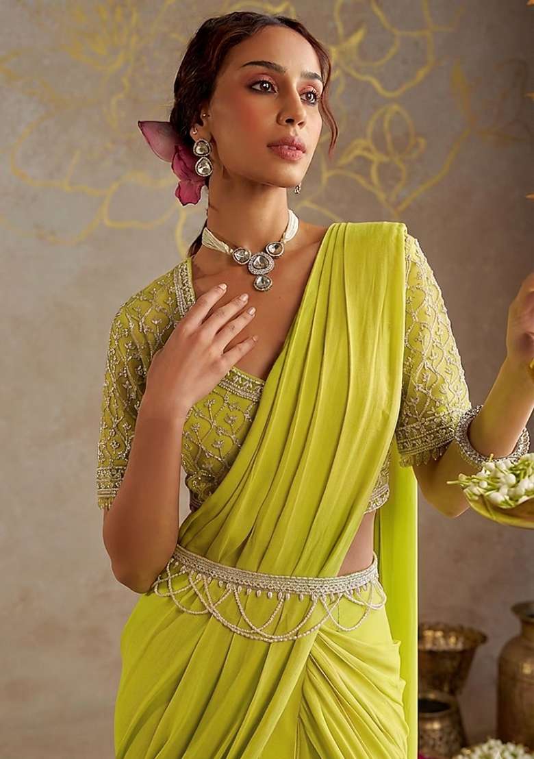 Lime Green Hand Work Embellished Pre Draped Saree Set - Indya