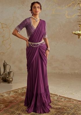 Purple Hand Work Embellished Pre Draped Saree Set