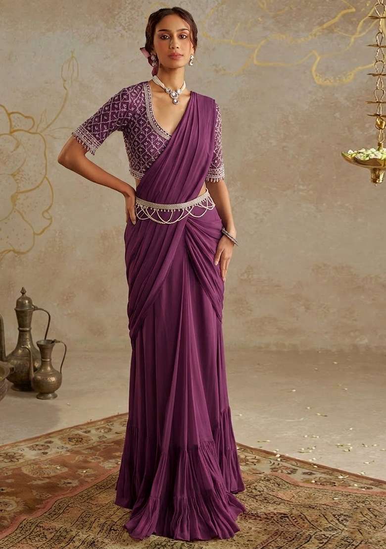 Purple Hand Work Embellished Pre Draped Saree Set - Indya