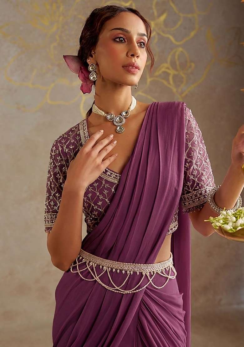 Purple Hand Work Embellished Pre Draped Saree Set - Indya