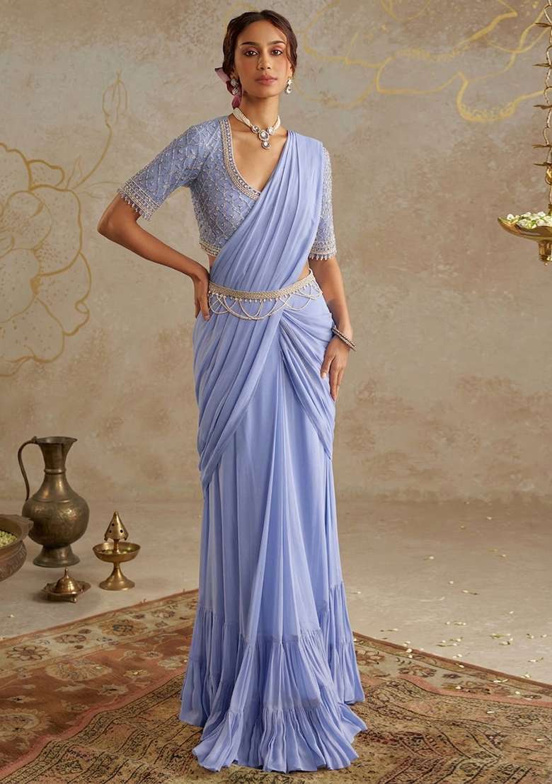 Off White Hand Work Embellished Pre Draped Saree Set - Indya