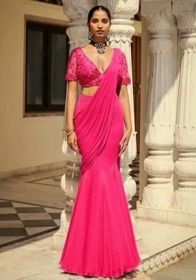 Hot Pink Hand Work Embroidered Pre Draped Saree Set