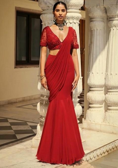 Bright Red Hand Work Embroidered Pre Draped Saree Set