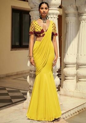 Bright Yellow Hand Work Embroidered Pre Draped Saree Set