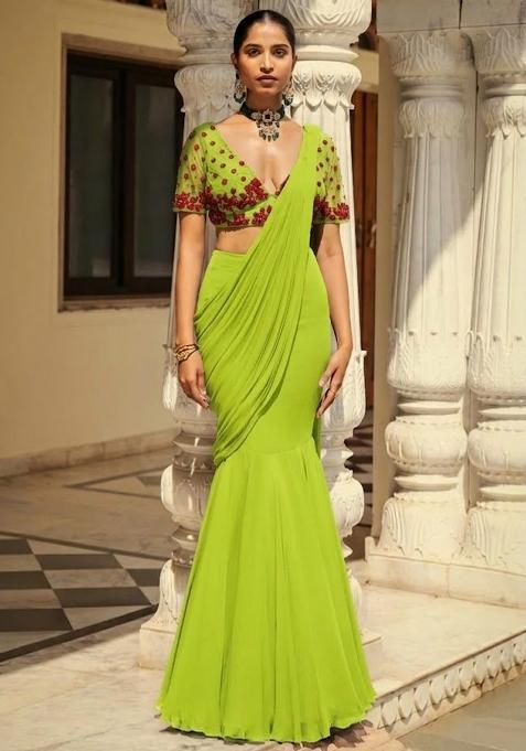 Light Green Hand Work Embroidered Pre Draped Saree Set