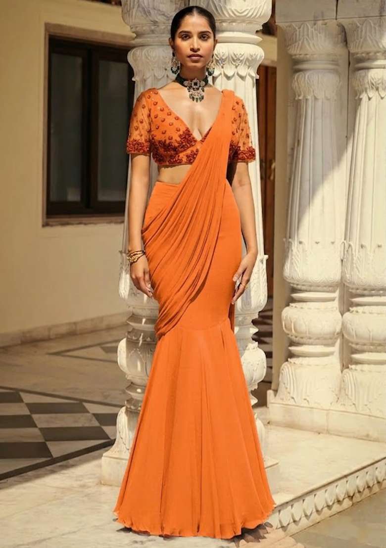 Bright Orange Hand Work Embroidered Pre Draped Saree Set - Indya