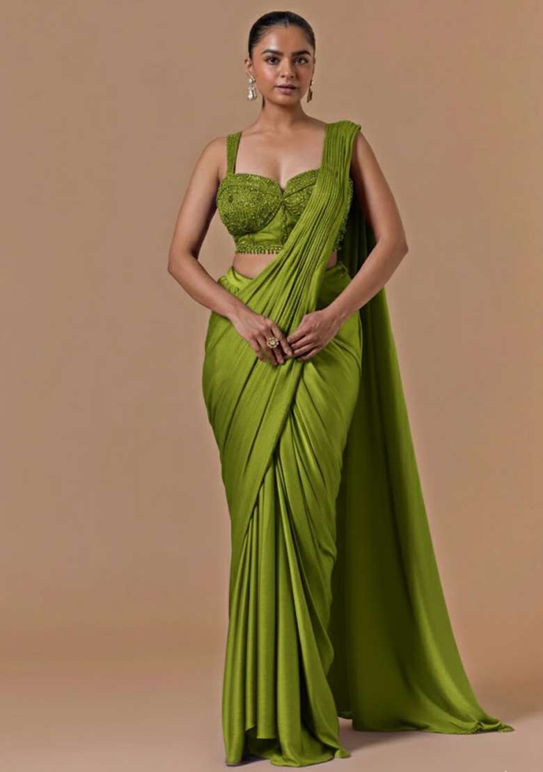 Olive Green Hand Work Embellished Pre Draped Saree Set - Indya