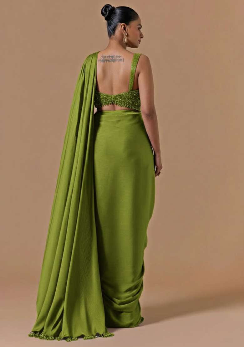 Olive Green Hand Work Embellished Pre Draped Saree Set - Indya