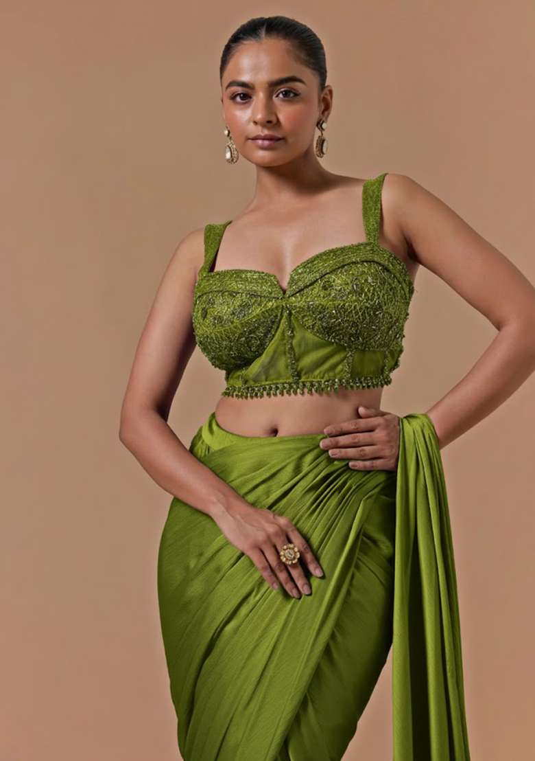 Olive Green Hand Work Embellished Pre Draped Saree Set - Indya