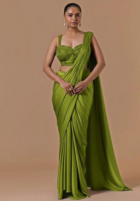 Olive Green Hand Work Embellished Pre Draped Saree Set
