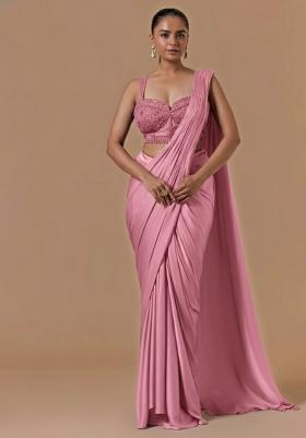 Hot Pink Hand Work Embellished Pre Draped Saree Set