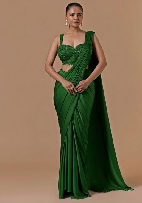 Green Hand Work Embellished Pre Draped Saree Set