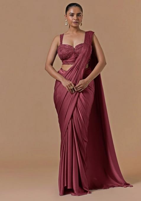 Pink Hand Work Embellished Pre Draped Saree Set