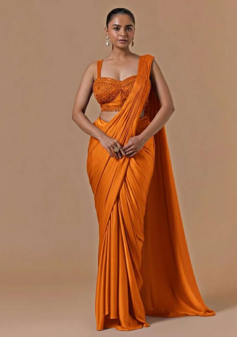 Bright Orange Hand Work Embellished Pre Draped Saree Set - Indya