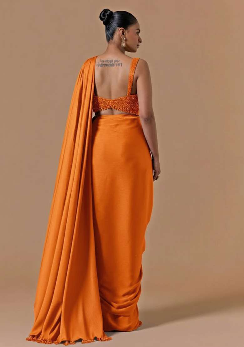 Bright Orange Hand Work Embellished Pre Draped Saree Set - Indya