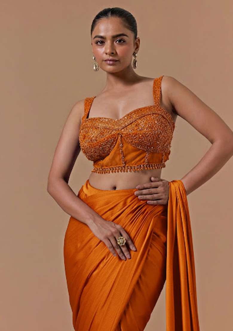 Bright Orange Hand Work Embellished Pre Draped Saree Set - Indya