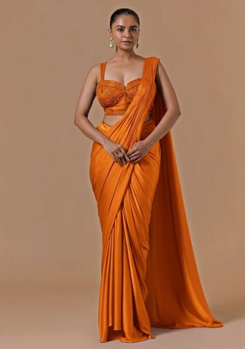 Bright Orange Hand Work Embellished Pre Draped Saree Set