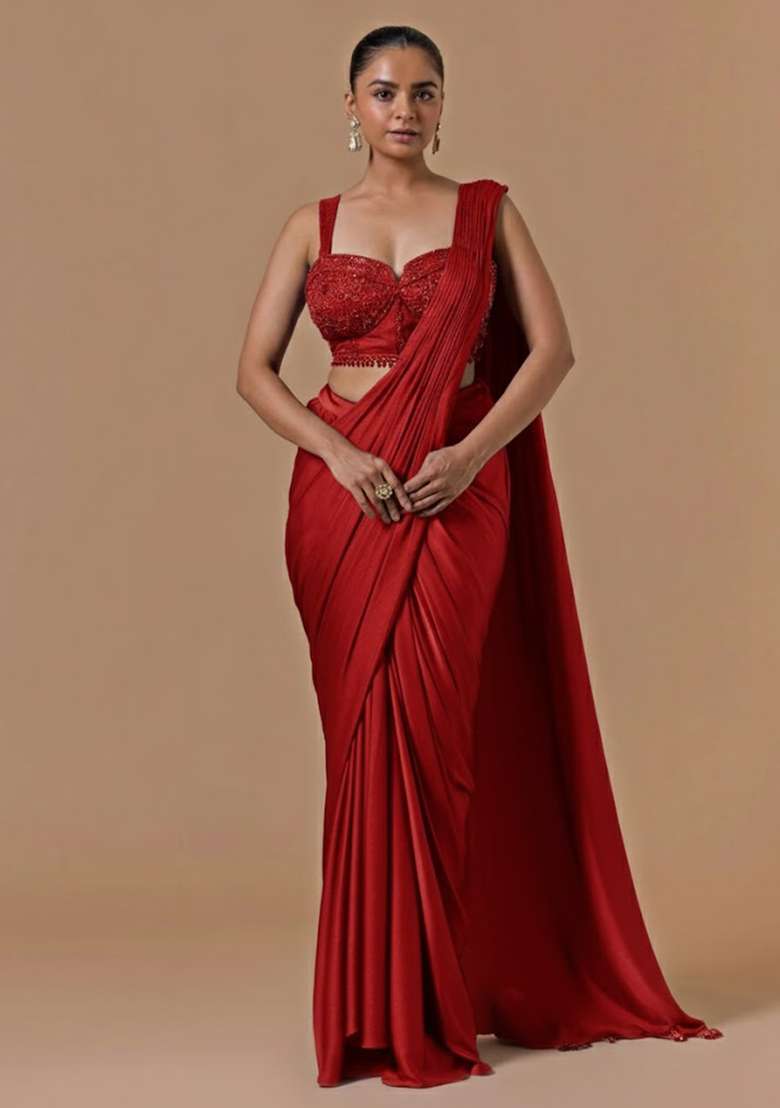 Bright Red Hand Work Embellished Pre Draped Saree Set - Indya