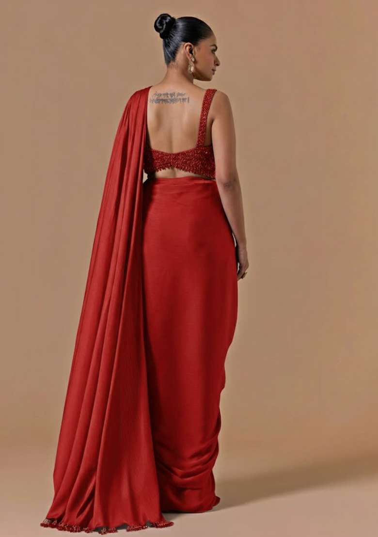 Bright Red Hand Work Embellished Pre Draped Saree Set - Indya