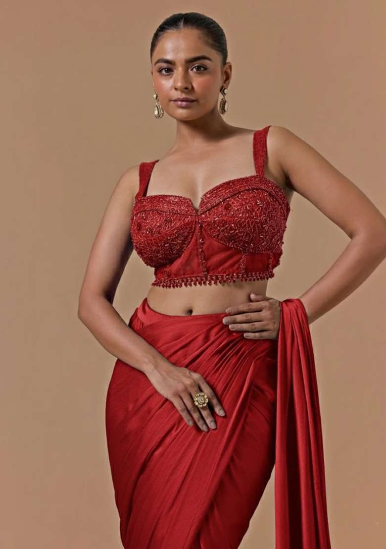Bright Red Hand Work Embellished Pre Draped Saree Set - Indya