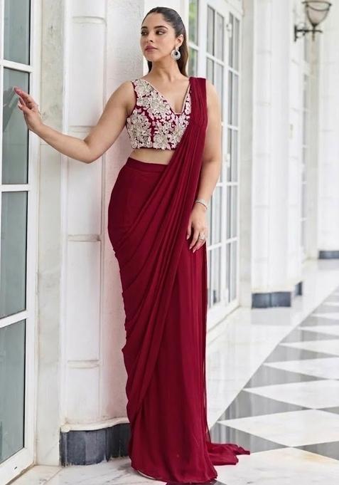 Red Hand Work Embroidered Pre Draped Saree Set