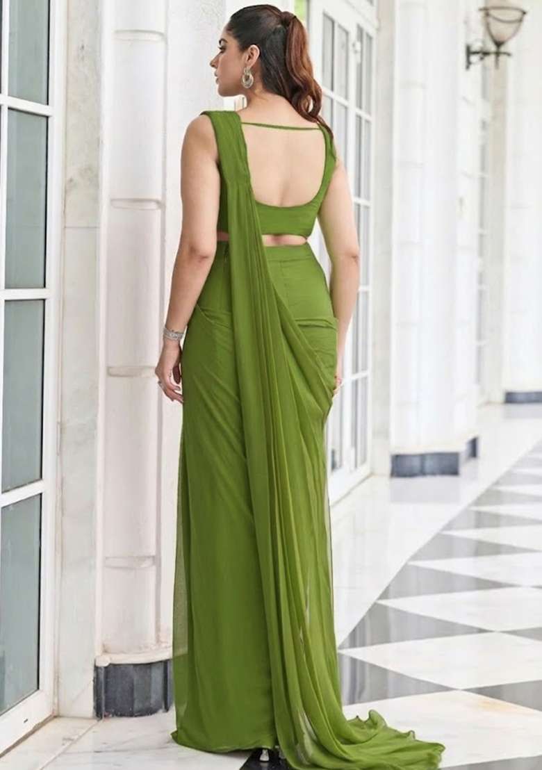 Light Green Hand Work Embroidered Pre Draped Saree Set - Indya