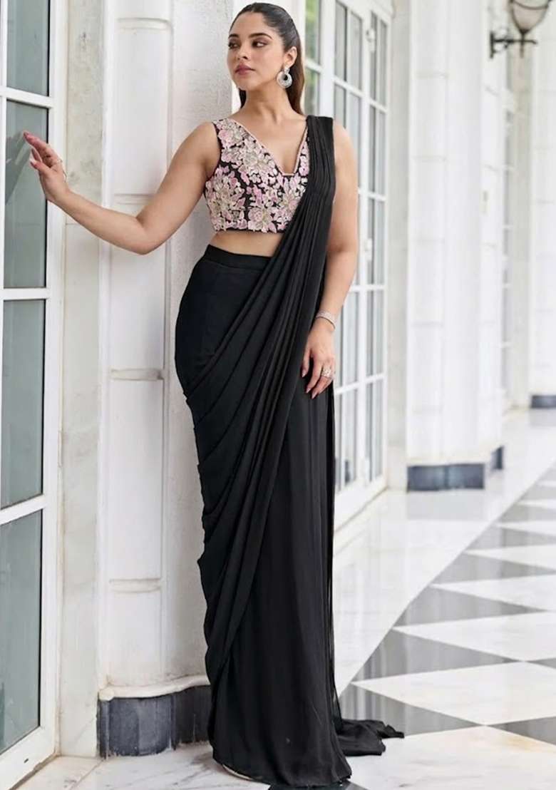 Black Hand Work Embroidered Pre Draped Saree Set - Indya