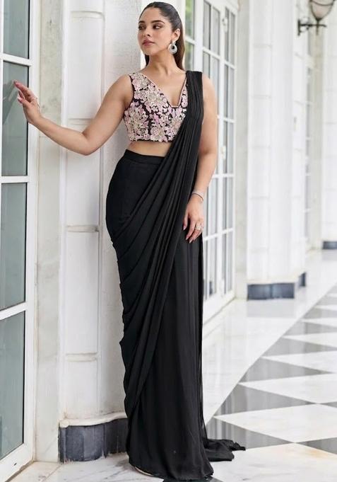 Black Hand Work Embroidered Pre Draped Saree Set